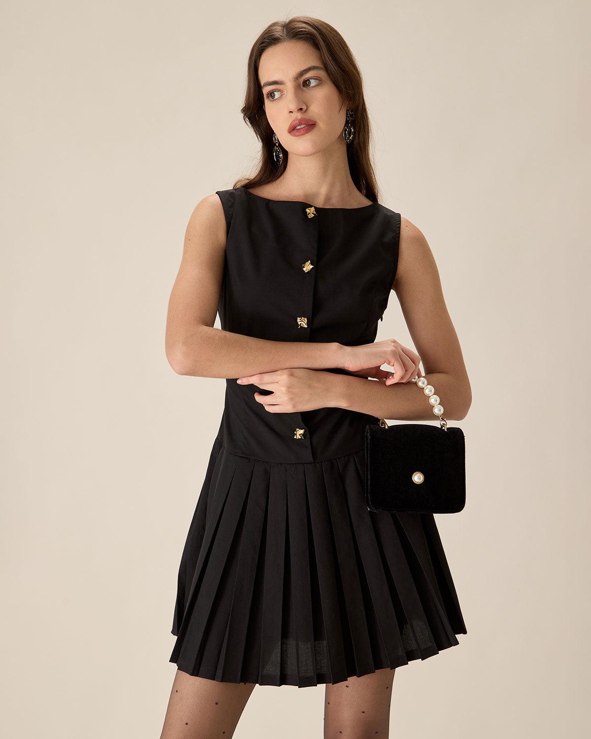 Black Boat Neck Pleated Mini Dress Product Image
