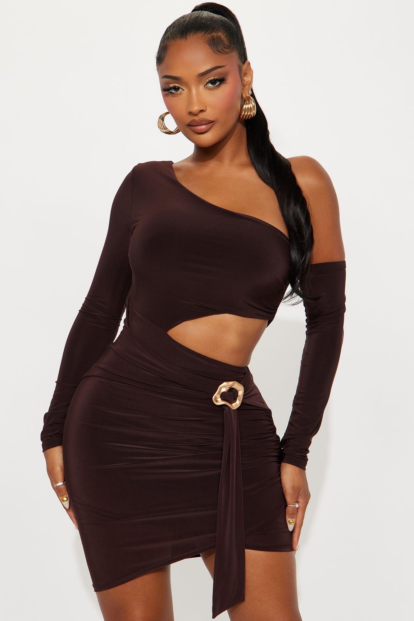 Amalia Long Sleeve Ruched Mini Dress - Chocolate Female Product Image