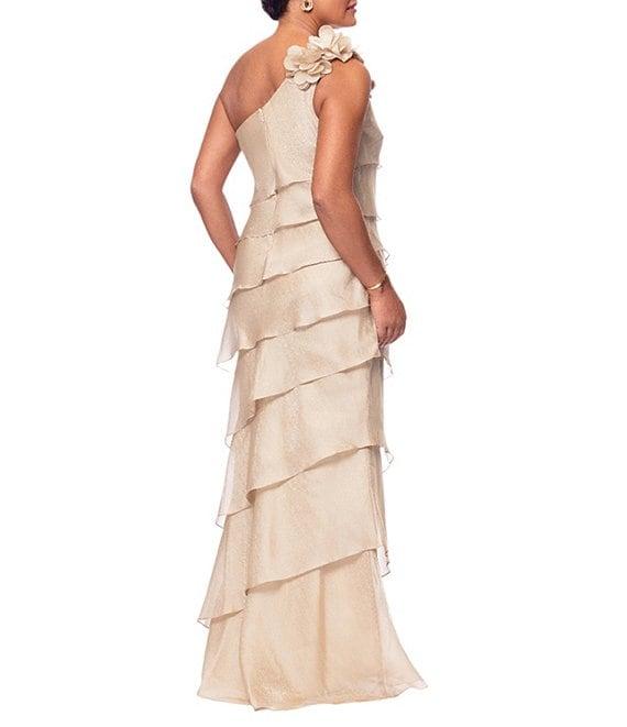 Xscape Metallic Organza One Shoulder Sleeveless Rosette Tiered Gown Product Image
