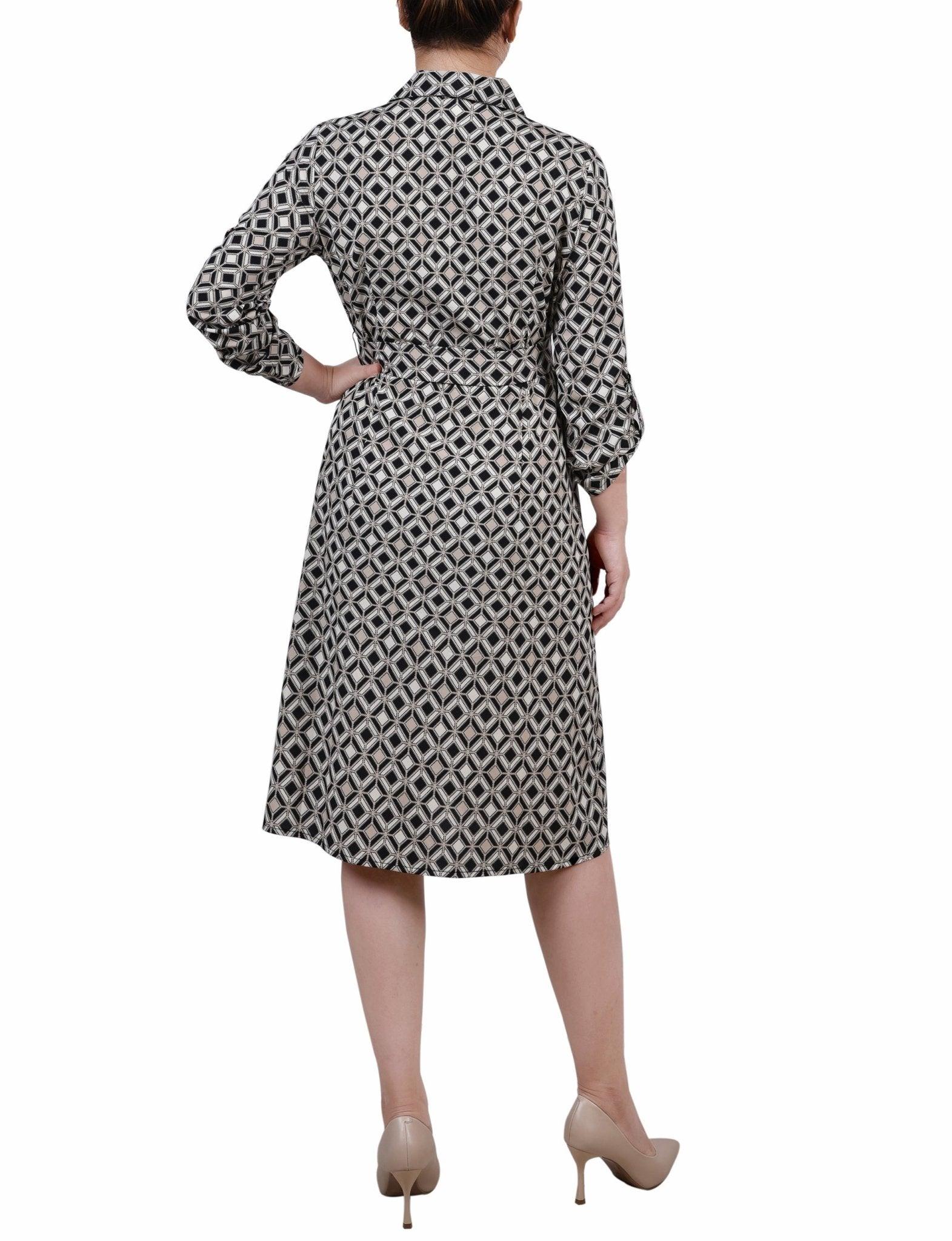 Black Doeskin Geo 3/4 Roll Tab Sleeve Belted Shirtdress - Petite Product Image
