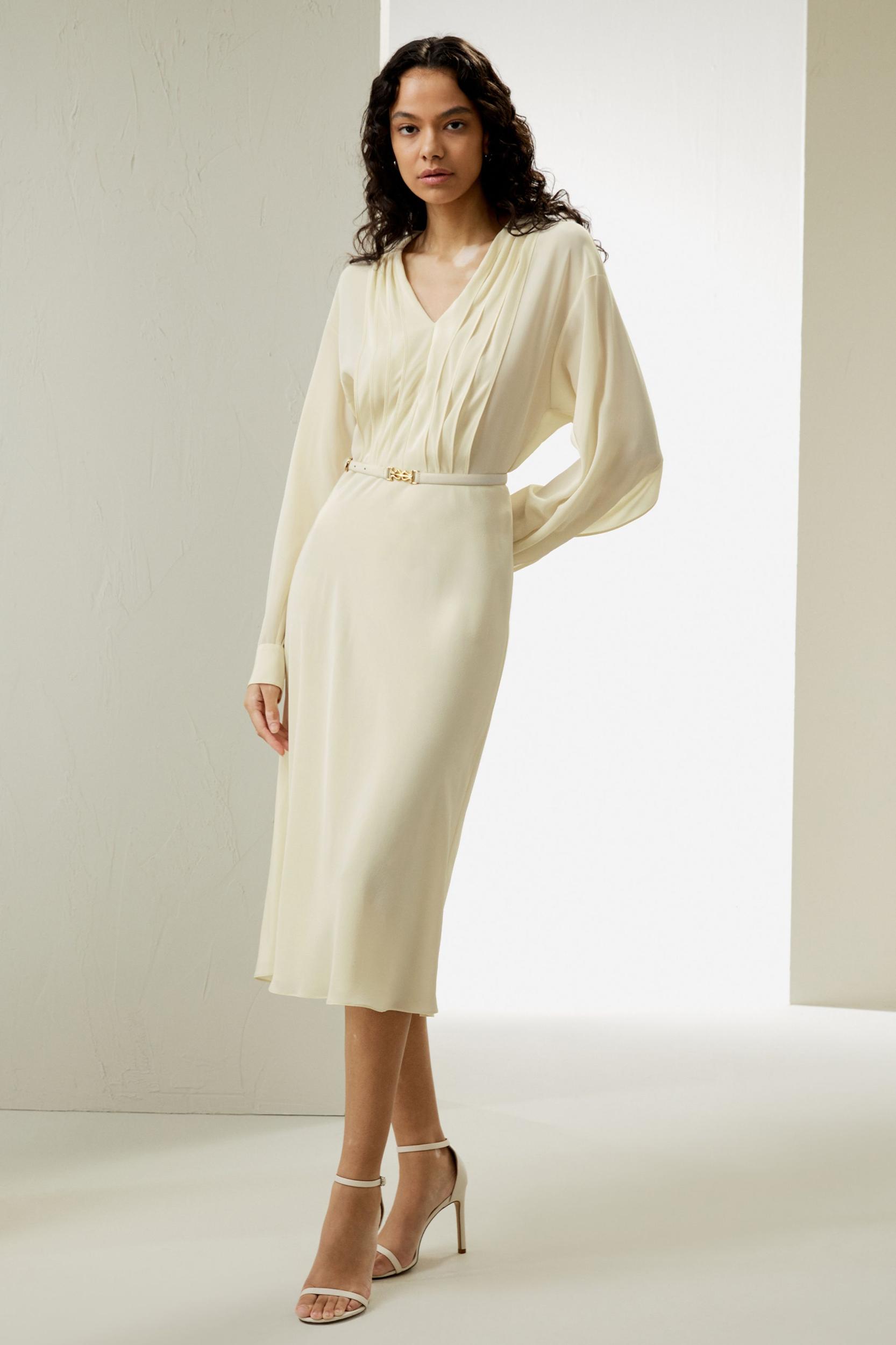 LILYSILK Women's Minimalist Silk Crepe de Chine V-Neck Midi Dress Lily White, Size 14 Product Image