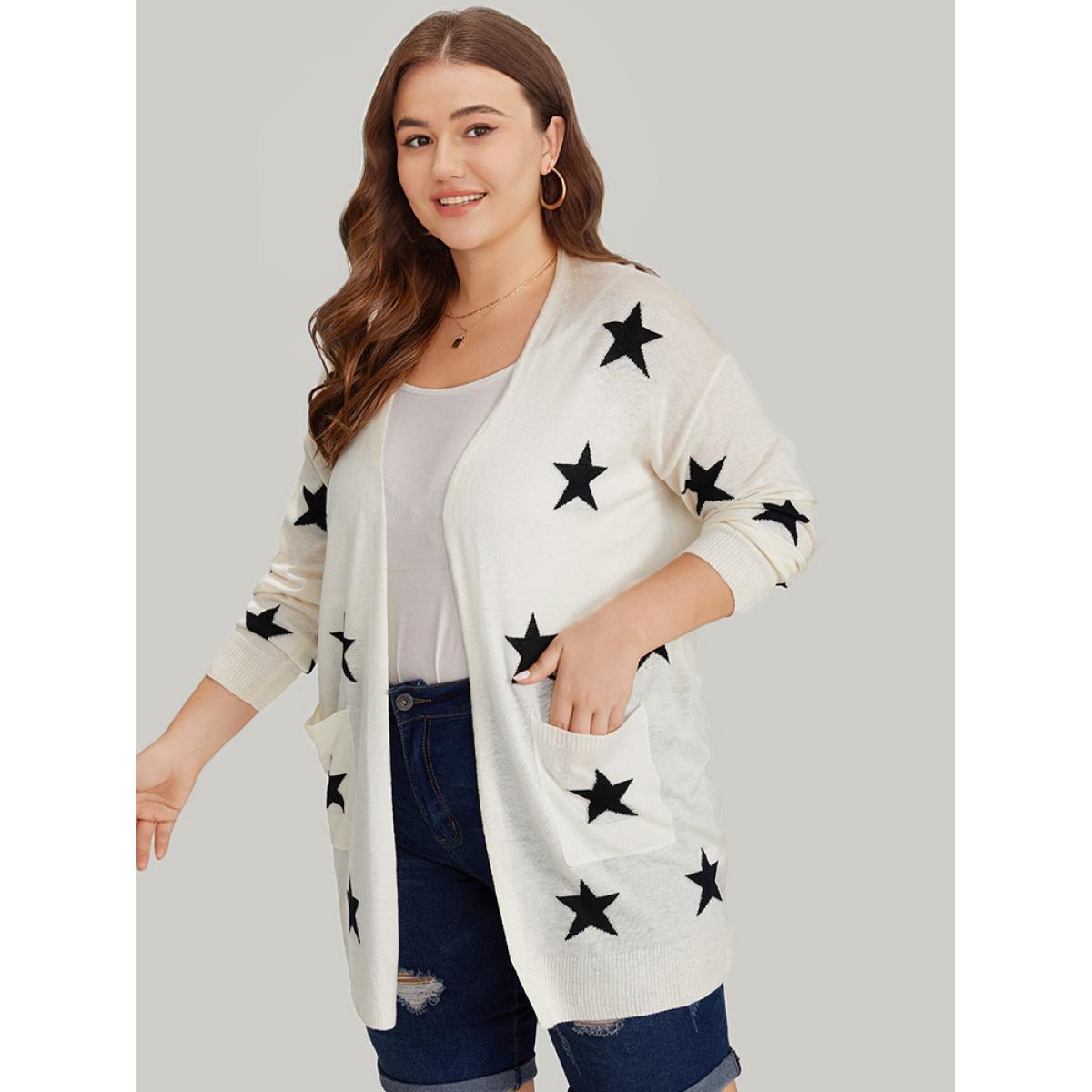 Plus Size Supersoft Essentials Star Print Pocket Open Front Cardigan Beige Women Casual Loose Long Sleeve Dailywear Cardigans BloomChic 22-24/3X Product Image