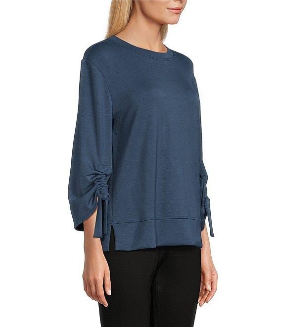 Westbound Petite Size Printed Ruched Sleeve Crew Neck Top Product Image
