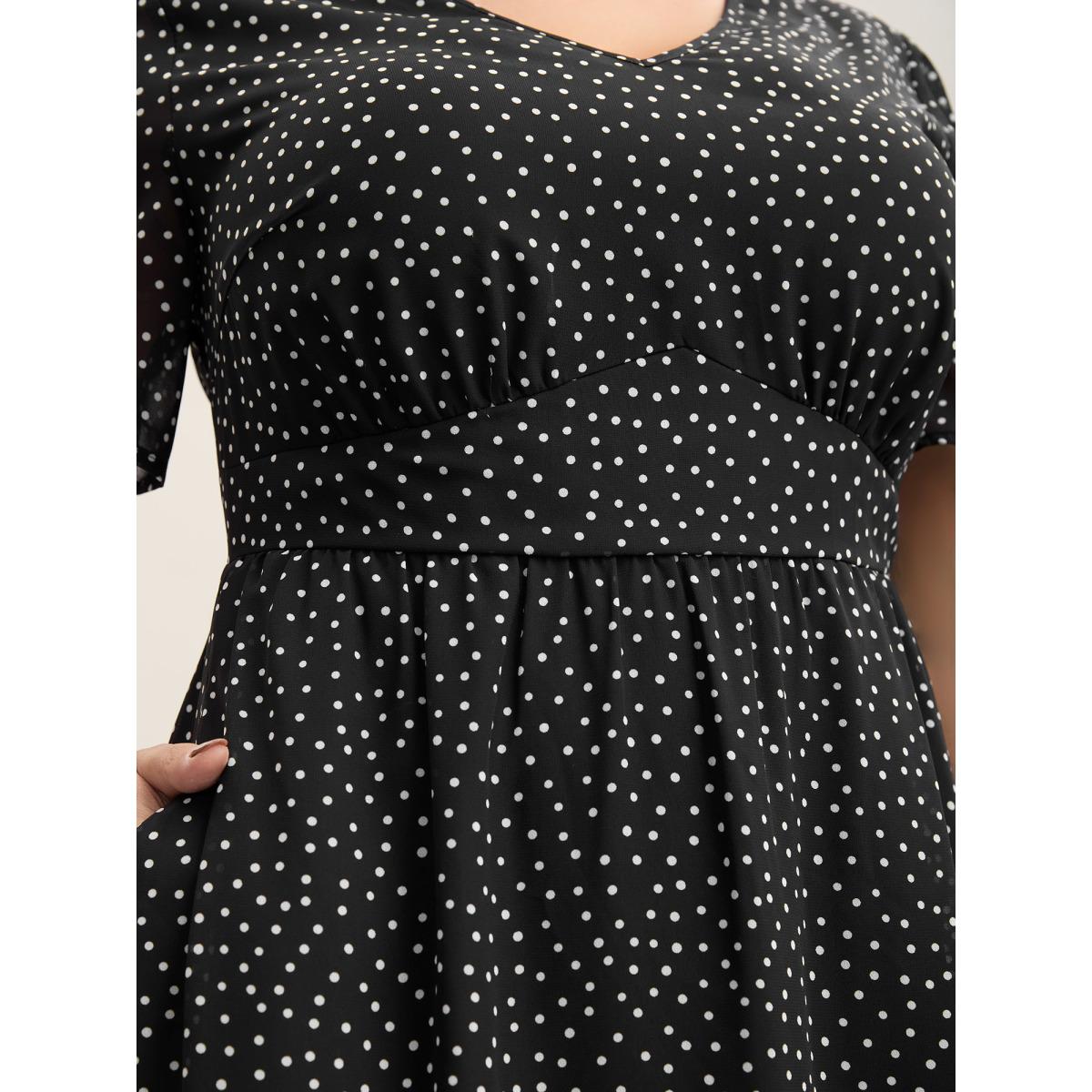 Plus Size Dot Print Stretchy Waist Chiffon Midi Dress Black Women V-neck Short sleeve Curvy BloomChic 12/L Product Image