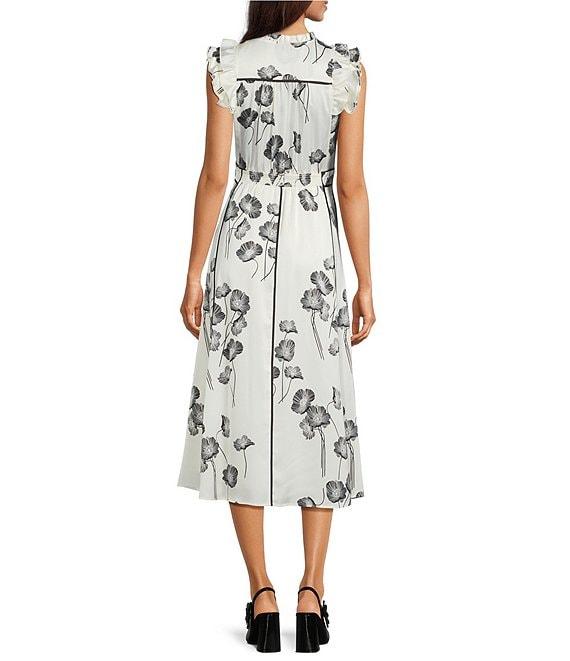 KARL LAGERFELD PARIS Floral Print Satin Crepe Round Neck Flutter Sleeve Midi A-Line Dress Product Image
