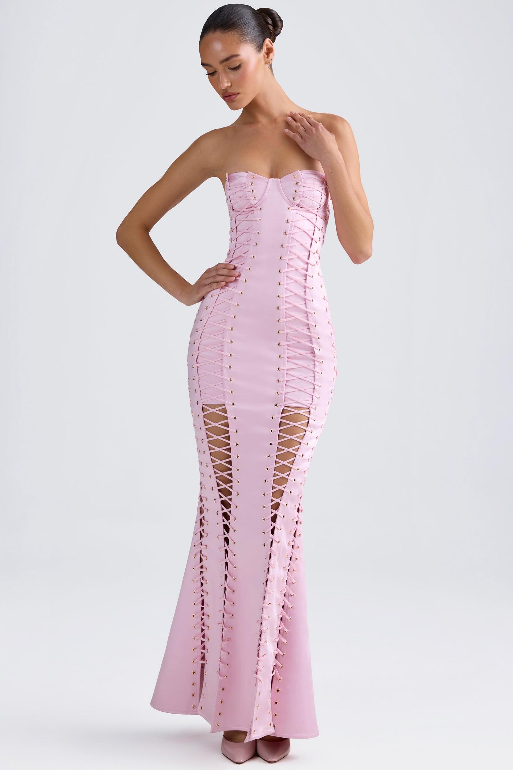 Lace-Up Corset Gown in Light Pink Product Image