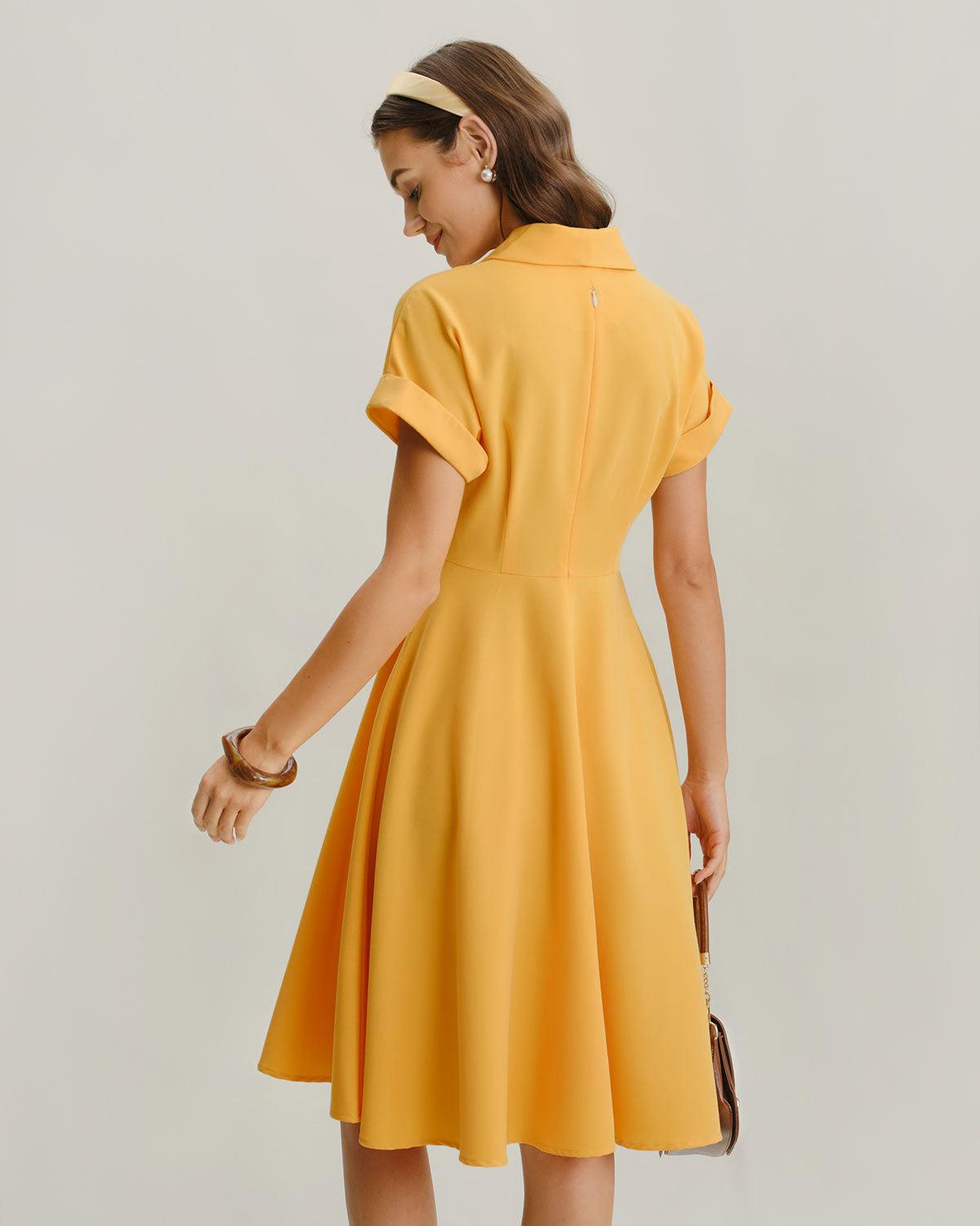 Yellow Cowl Sleeve Pleated Midi Dress Product Image