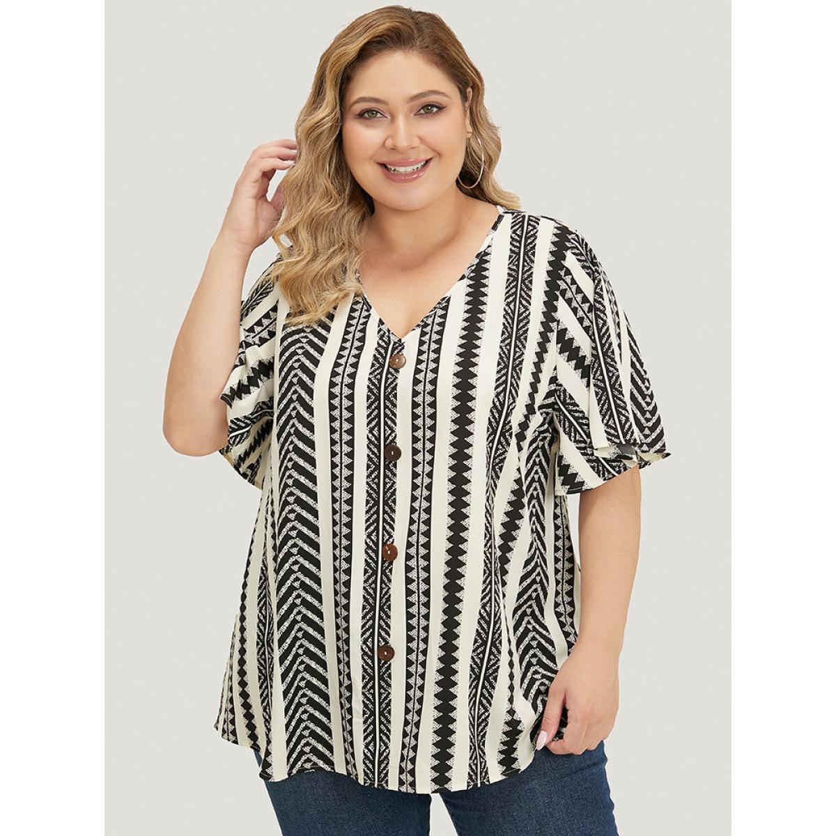 Plus Size White Geometric Print Ruffle Sleeve Button Detail Blouse Women Vacation Short sleeve V-neck Dailywear Blouses BloomChic 14-16/1X Product Image