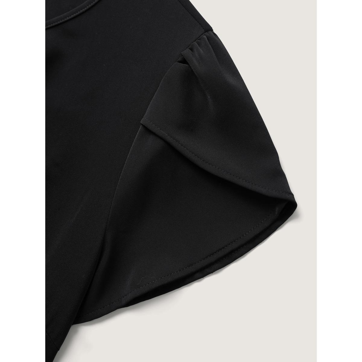 Plus Size Black Metallic Detail Pleated Solid Blouse Women Short sleeve Round Neck Work Blouses BloomChic 12/L Product Image