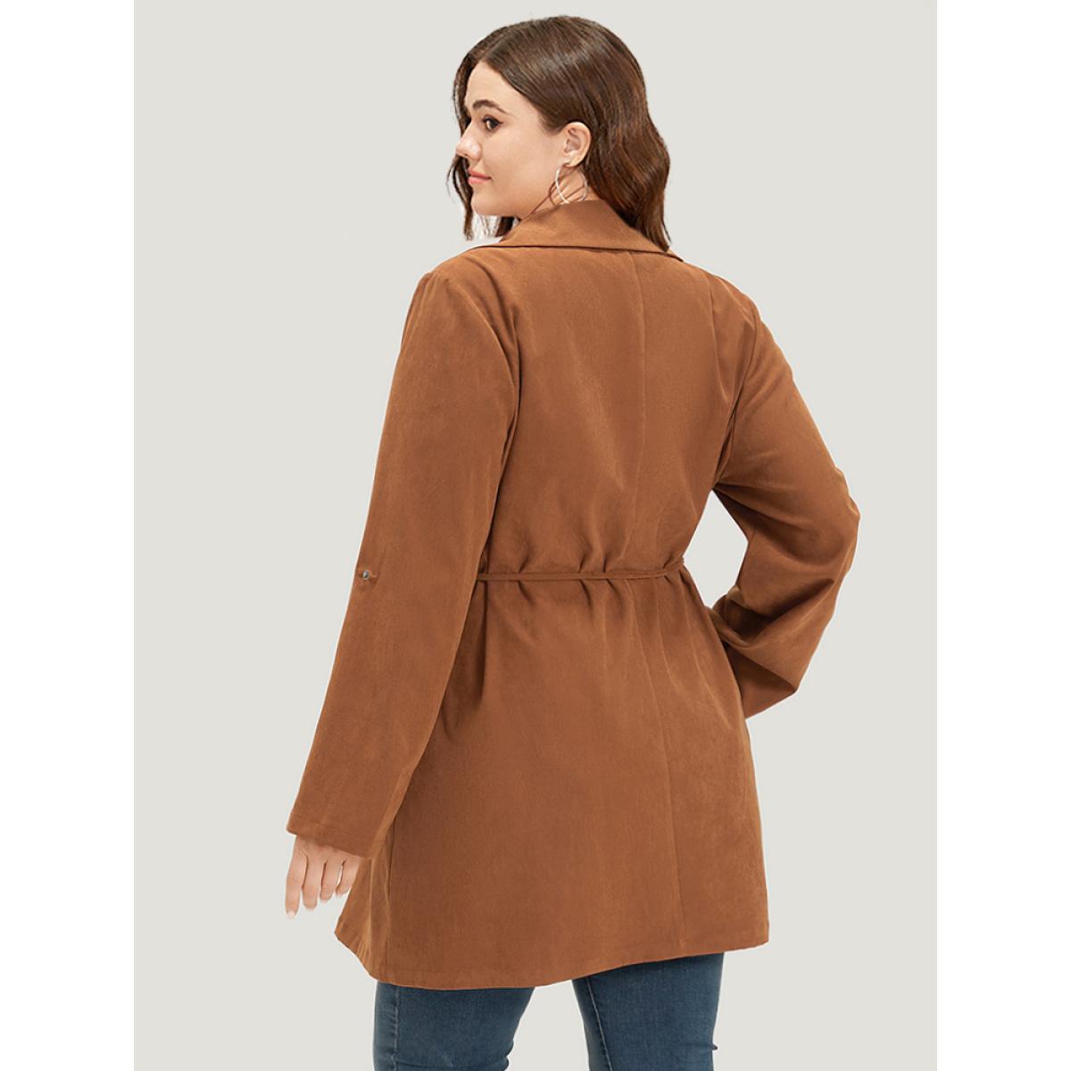 Plus Size Plain Corduroy Belted Bowknot Roll Tab Sleeve Coat Women Bronze Casual Plain Ladies Dailywear Winter Coats BloomChic 12/L Product Image