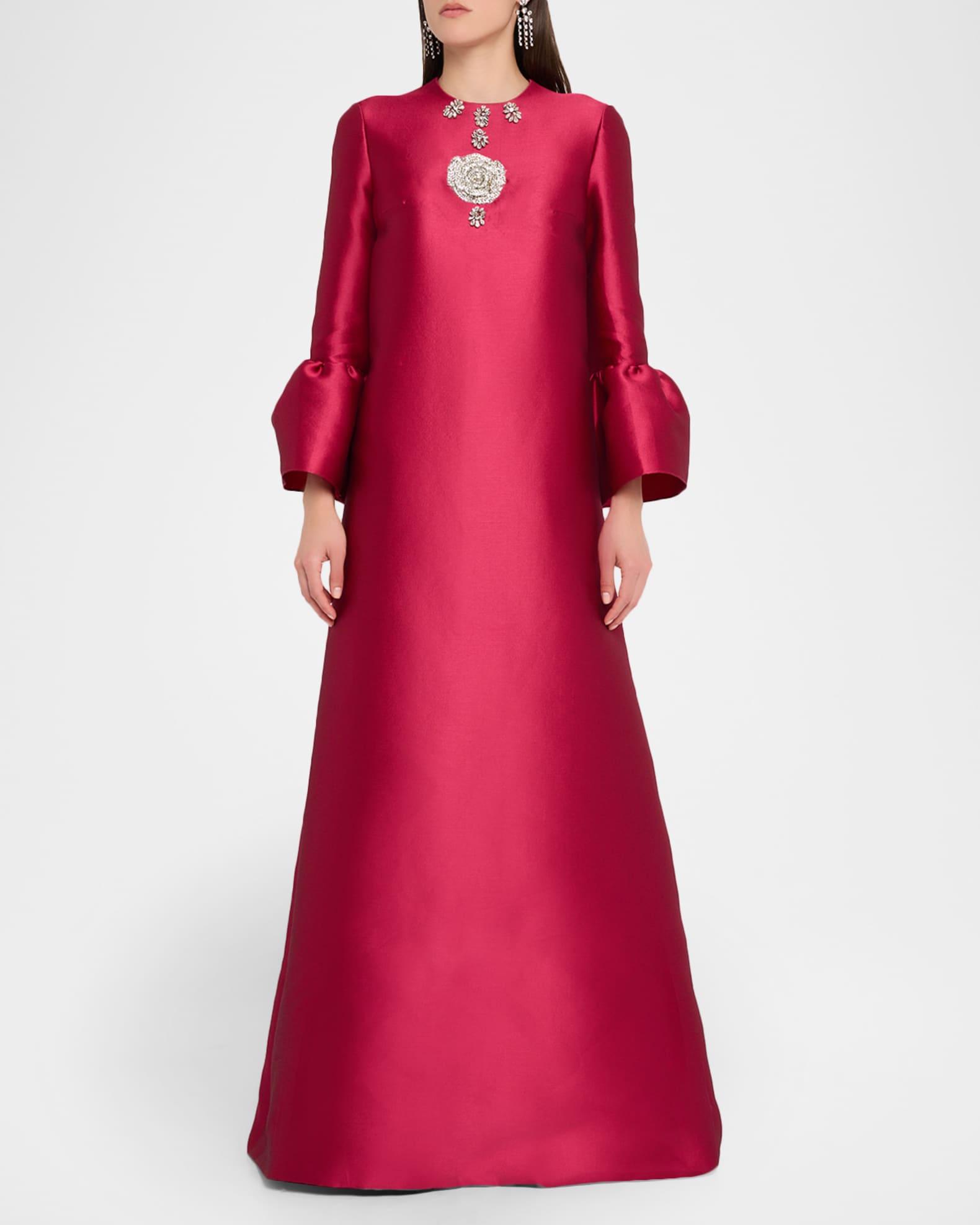 Embellished Ruffle-Sleeve Mikado Pique Maxi Dress Product Image