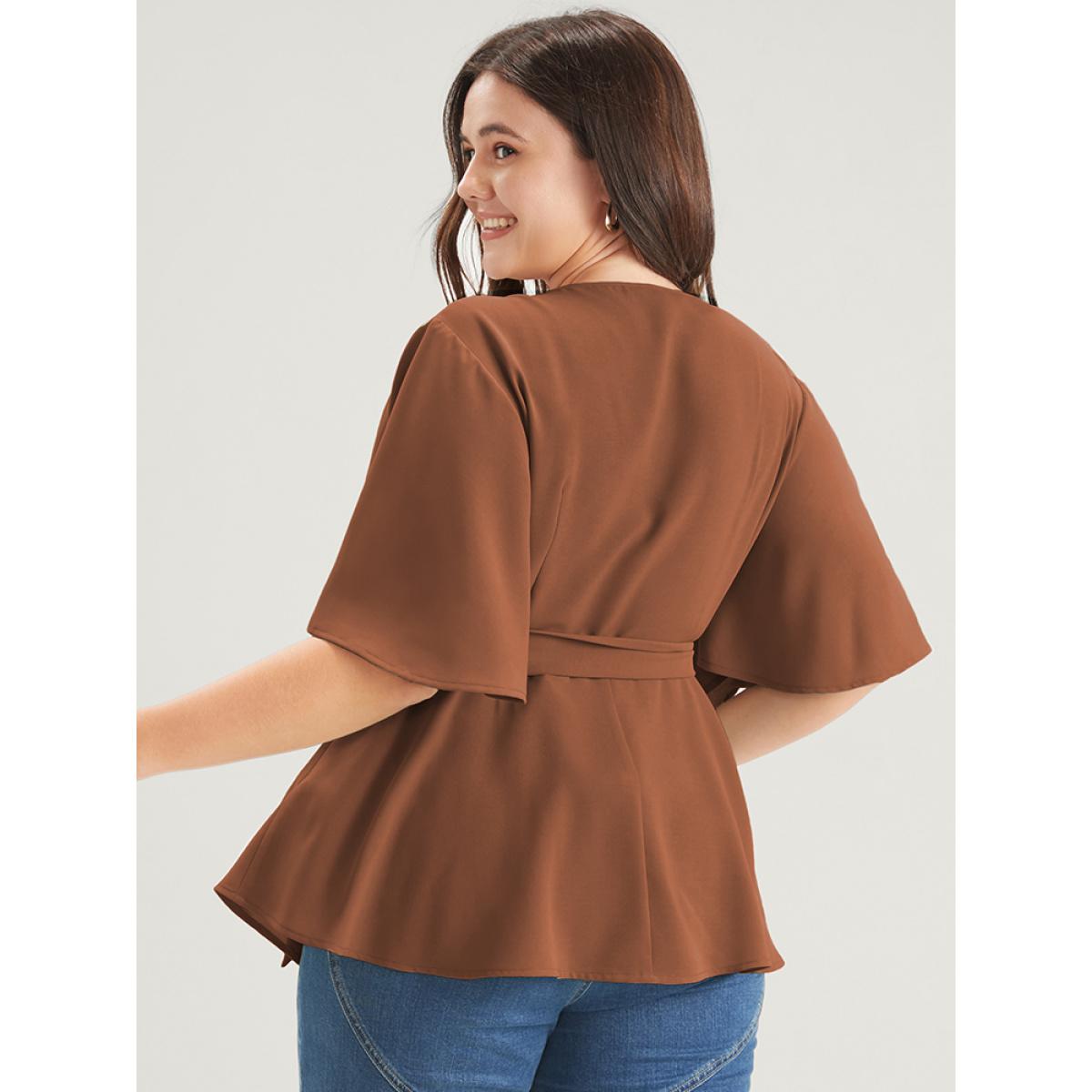 Plus Size Chocolate Plain Ruffles Button Belted Wrap Babydoll Blouse Women Elegant Short sleeve V-neck Dailywear Blouses BloomChic 18-20/2X Product Image