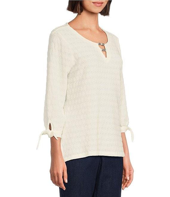 Allison Daley Petite Size 3/4 Tie Sleeve Keyhole Neck Wave Knit Top Product Image