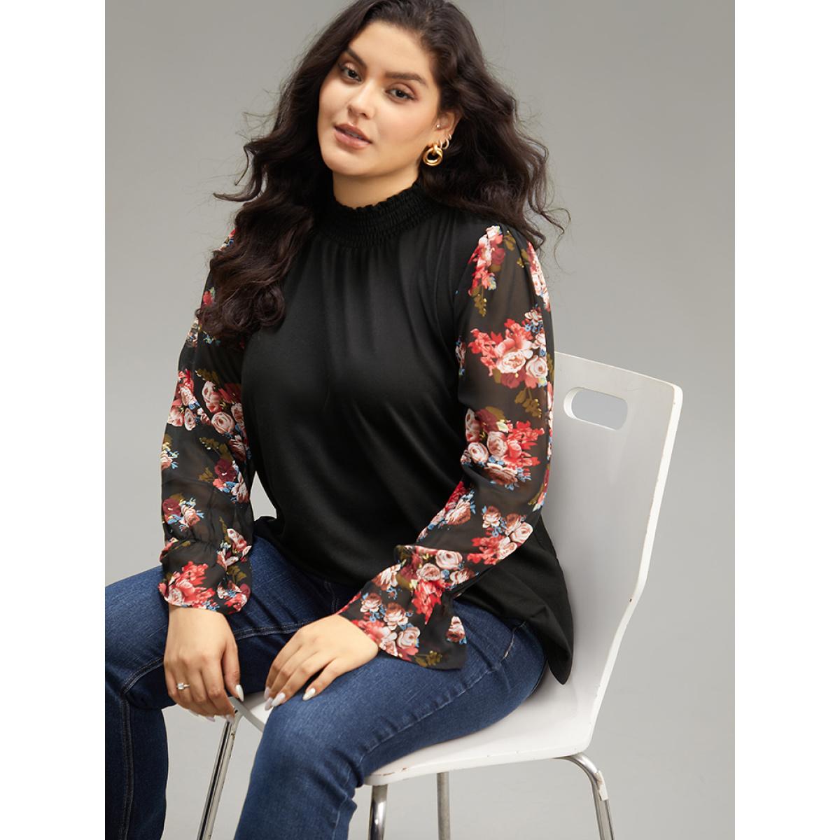 Plus Size Chiffon Floral Patchwork Shirred Mock Neck T-shirt Black Women Casual Elastic cuffs Floral Mock Neck Dailywear T-shirts BloomChic 10/M Product Image
