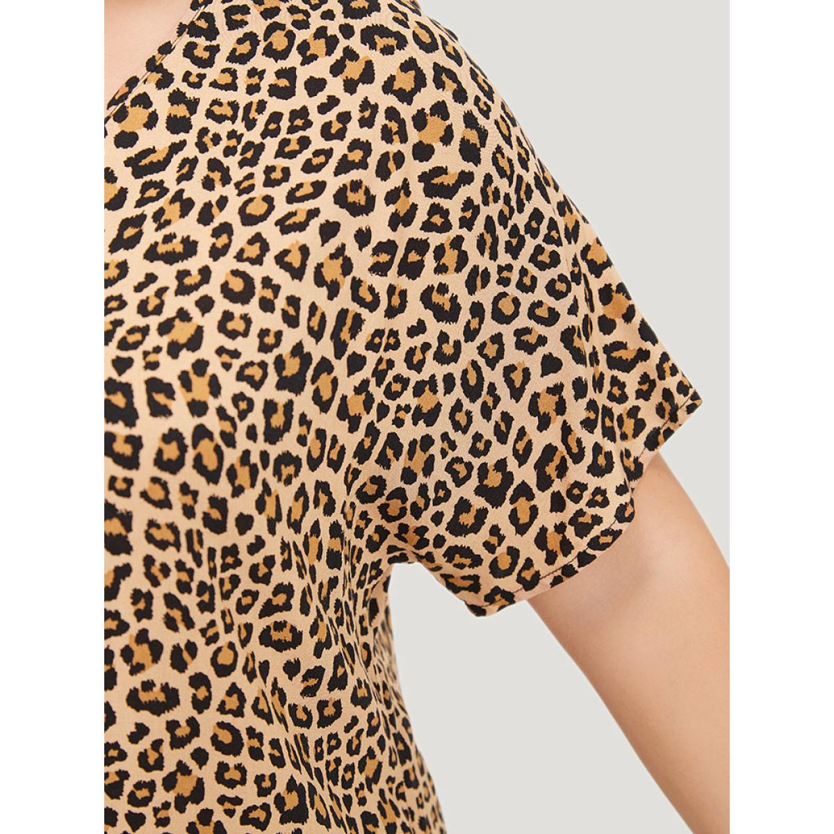 Plus Size Black Leopard Patchwork Dolman Sleeve Blouse Women Elegant Short sleeve V-neck Dailywear Blouses BloomChic 22-24/3X Product Image