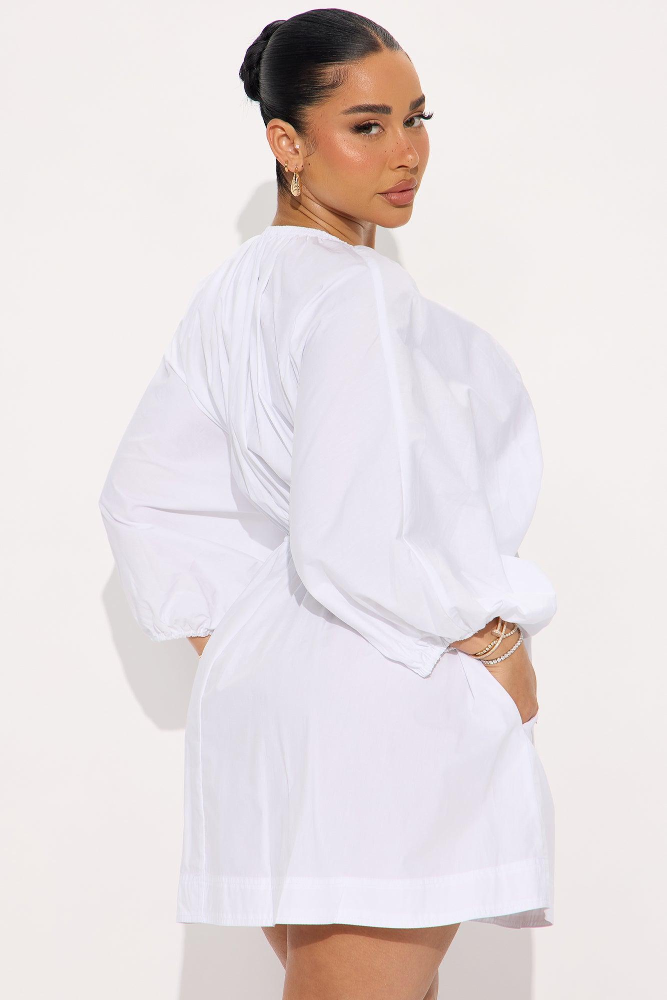 Amaya Poplin Puff Sleeve Mini Dress - White Product Image