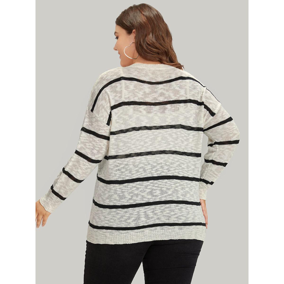 Plus Size Striped Drop Shoulder Lightweight Loose Pullover Beige Women Casual Loose Long Sleeve Round Neck Everyday Pullovers BloomChic 14-16/1X Product Image