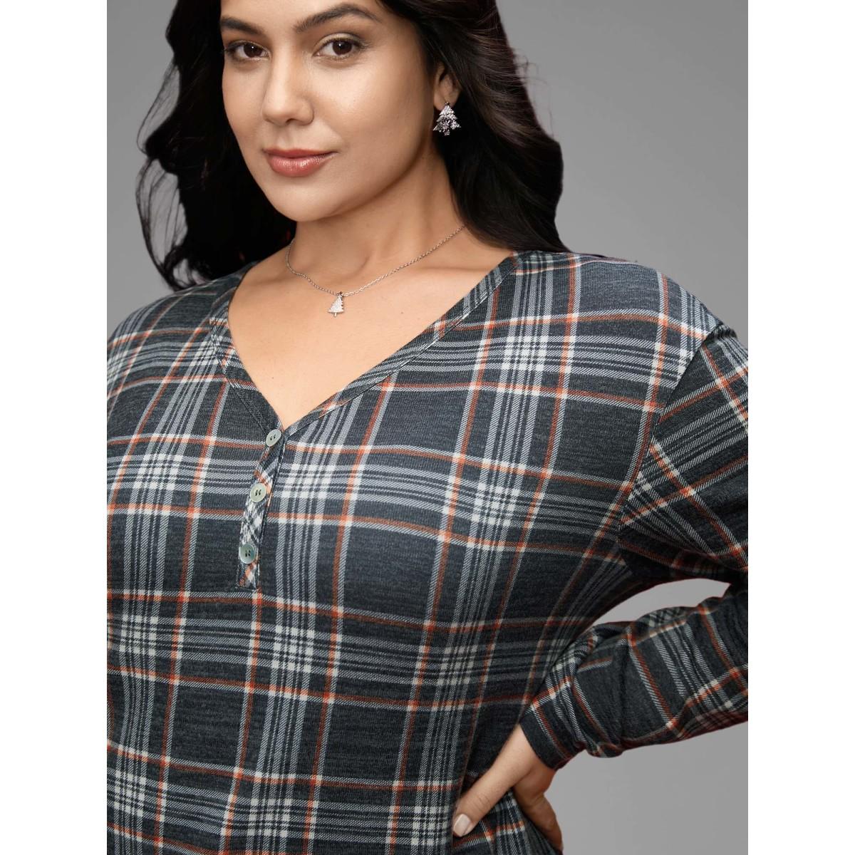 Plus Size Plaid V-neck Full Sleeves Slim-Fit Tee DimGray Women Casual Button V-neck Everyday T-shirts BloomChic 18-20/2X Product Image