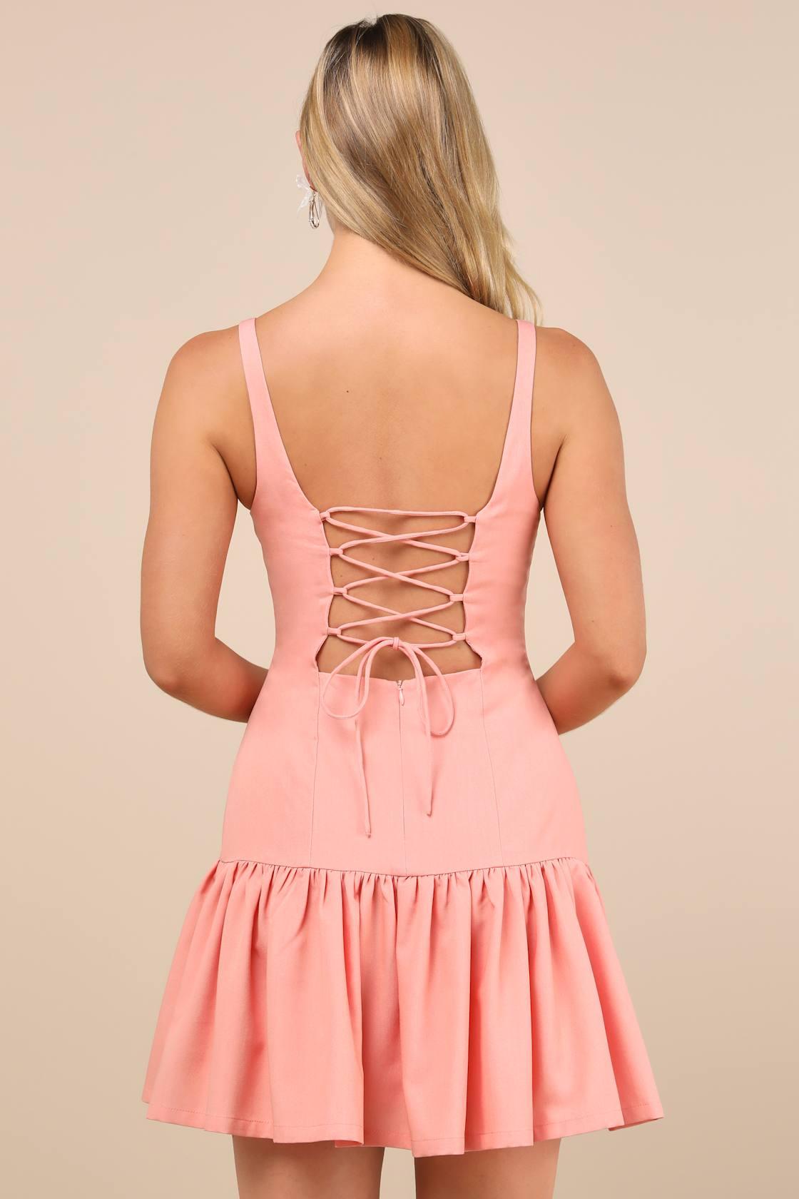 Adorable Concept Peach Lace-Up Backless Drop Waist Mini Dress Product Image