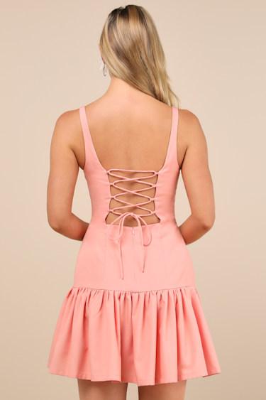 Adorable Concept Peach Lace-Up Backless Drop Waist Mini Dress Product Image