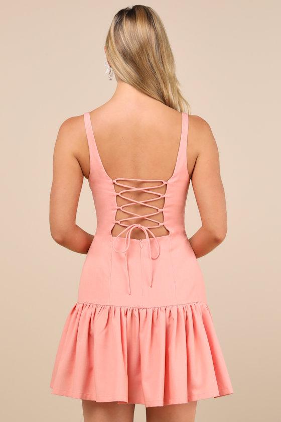 Adorable Concept Peach Lace-Up Backless Drop Waist Mini Dress Product Image
