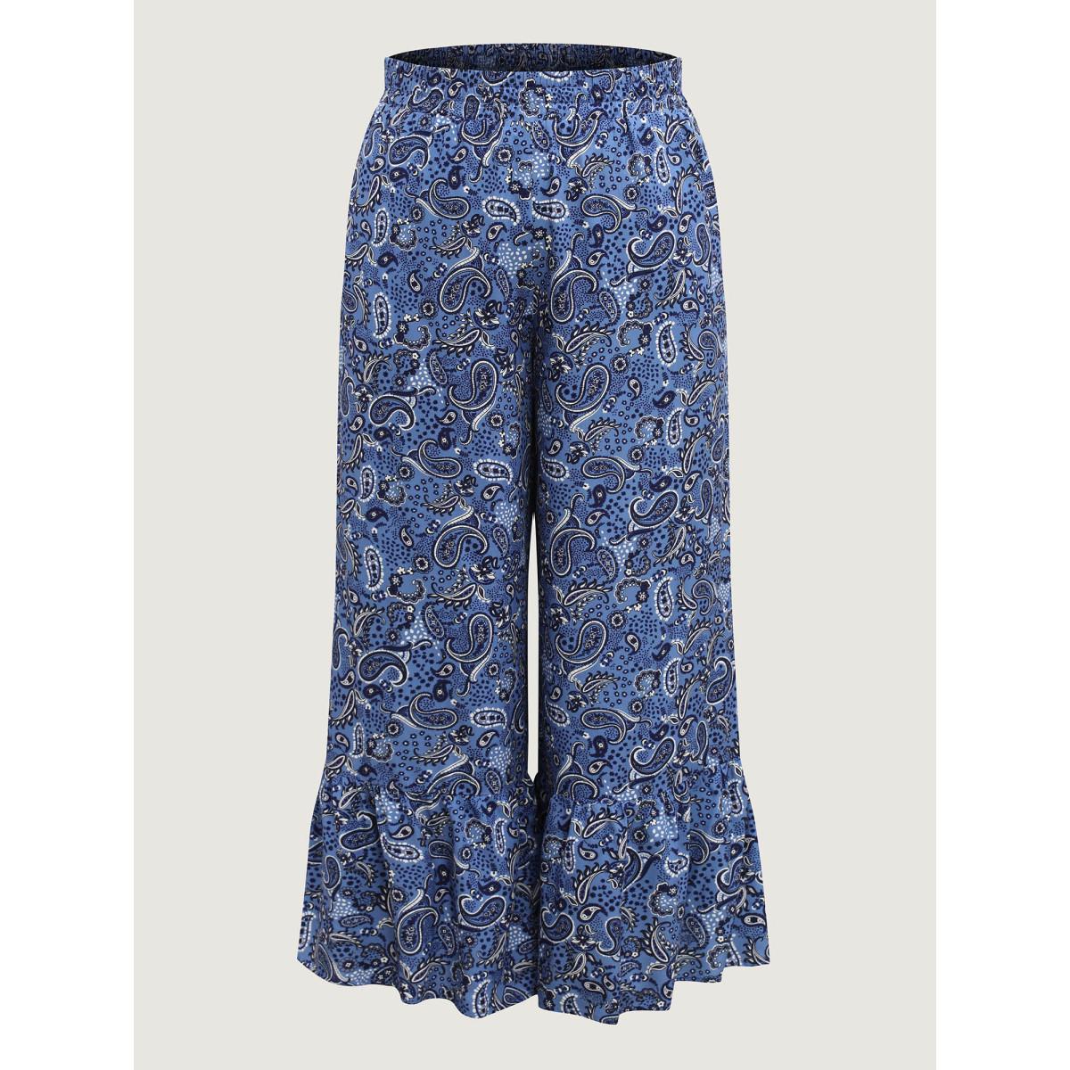 Plus Size Paisley Print Tiered Hem Wide-Leg Pants Women DarkBlue Leisure Loose Mid Rise Casual Pants BloomChic 14-16/1X Product Image