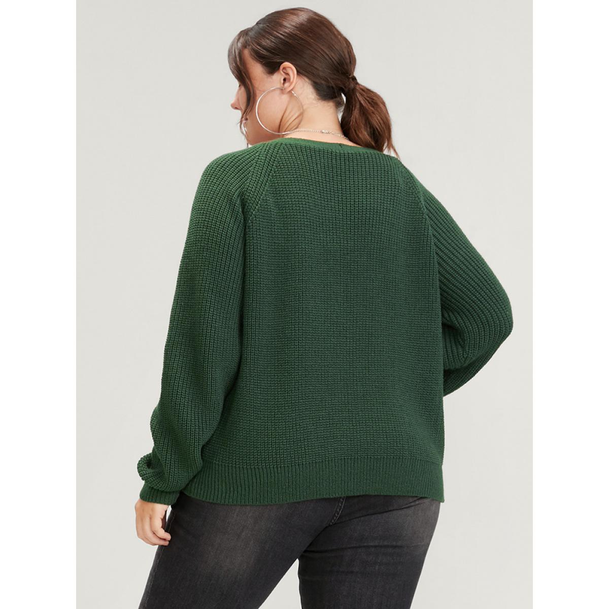 Plus Size Solid Pointelle Knit Raglan Sleeve Button Front Cardigan DarkGreen Women Elegant Loose Long Sleeve Dailywear Cardigans BloomChic 28/5X Product Image