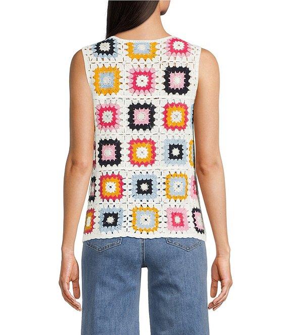 Charlie B. Crochet Knit Geometric Crew Neck Sleeveless Top Product Image