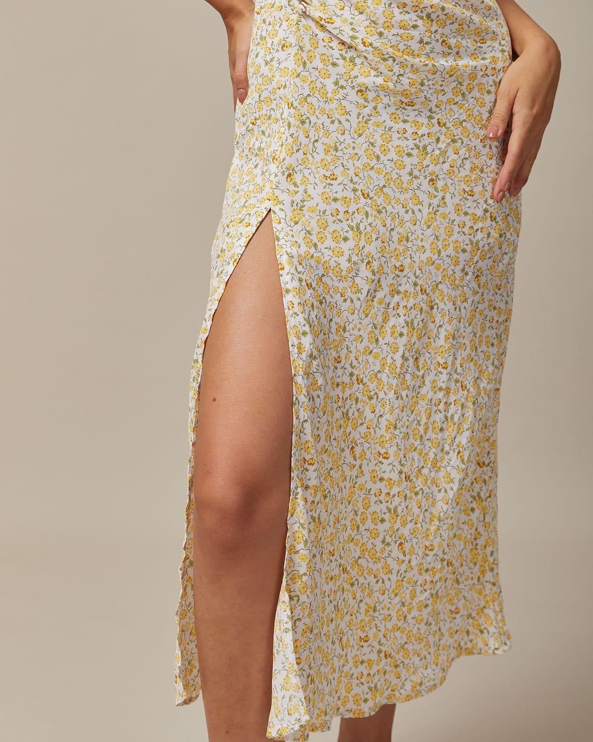 The Yellow Round Neck Floral Midi Dress Product Image