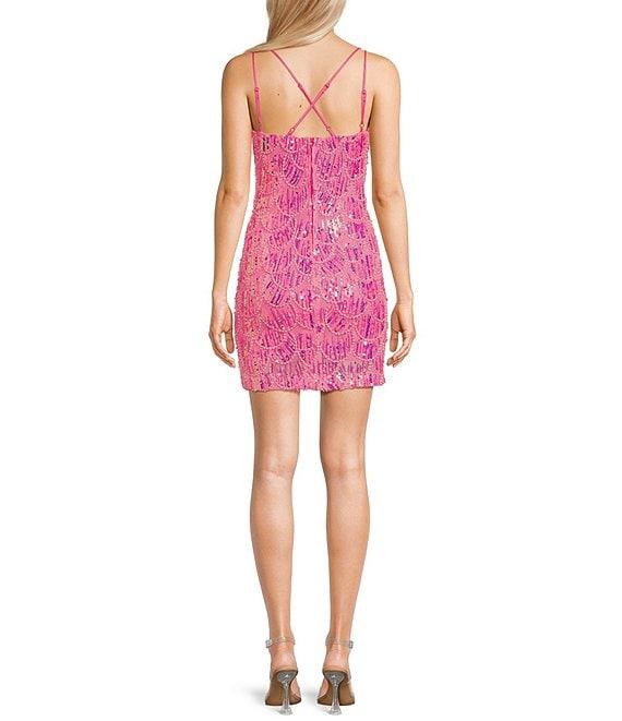 B. Darlin Sequin Mesh Beaded V-Neck Sleeveless Bodycon Dress Product Image