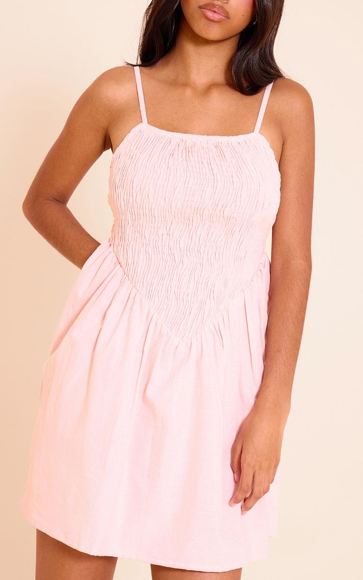 Petite Pink Spaghetti Strap Shirred Bodice Shift Dress Product Image