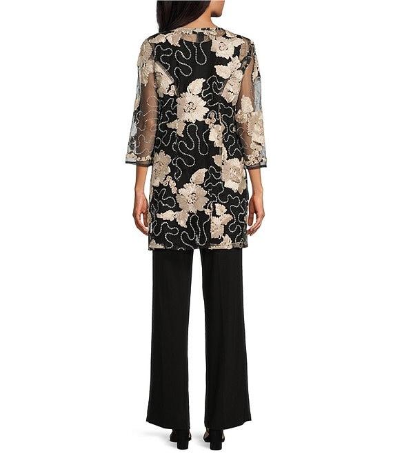 R & M Richards Petite Size 3/4 Sleeve V Neck Embroidered Soutache Sequin Jacket 3-Piece Pant Set Product Image