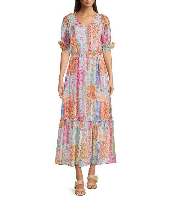 Calessa Patchwork Mosaic Print V-Neck Short Sleeve Tiered Maxi Dress Product Image