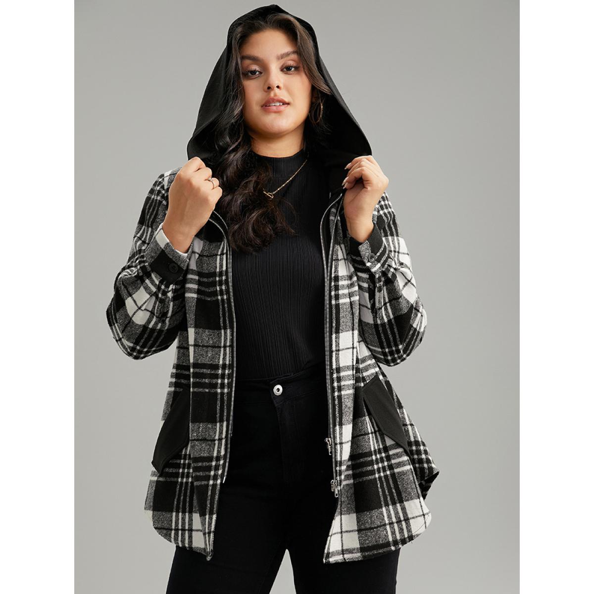 Plus Size Plaid Patchwork Zipper Contrast Hooded Jacket Women Black Contrast Pocket Everyday Jackets BloomChic 10/M Product Image