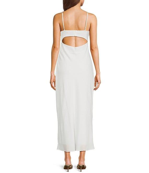 Allison & Kelly Satin Scoop Neck Spaghetti Strap Rosette Back Cut Out Slip Dress Product Image