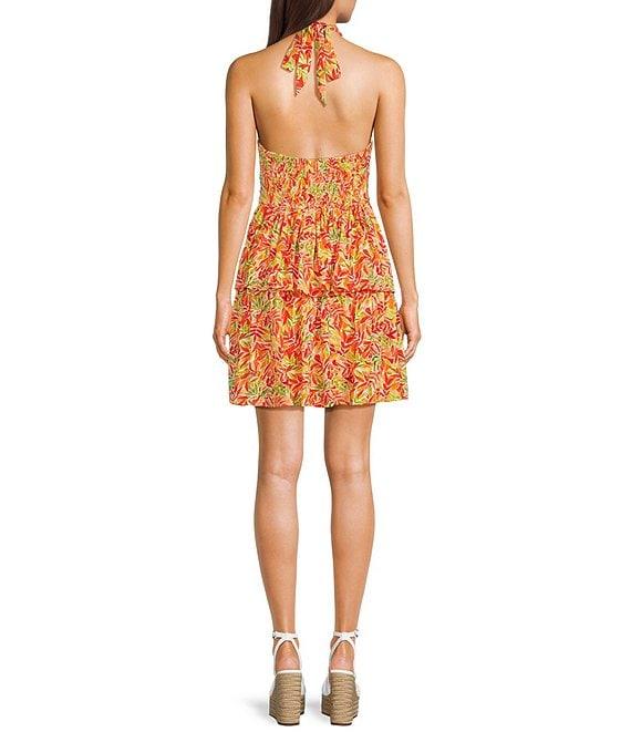 I.N. San Francisco Halter-Neckline/Double-Tier-Skirted Abstract Palm Printed Linen-Blend Dress Product Image