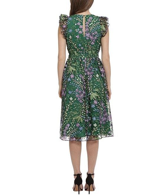 Maggy London Floral Embroidered Ruffle Trim Sleeveless A-Line Midi Dress Product Image