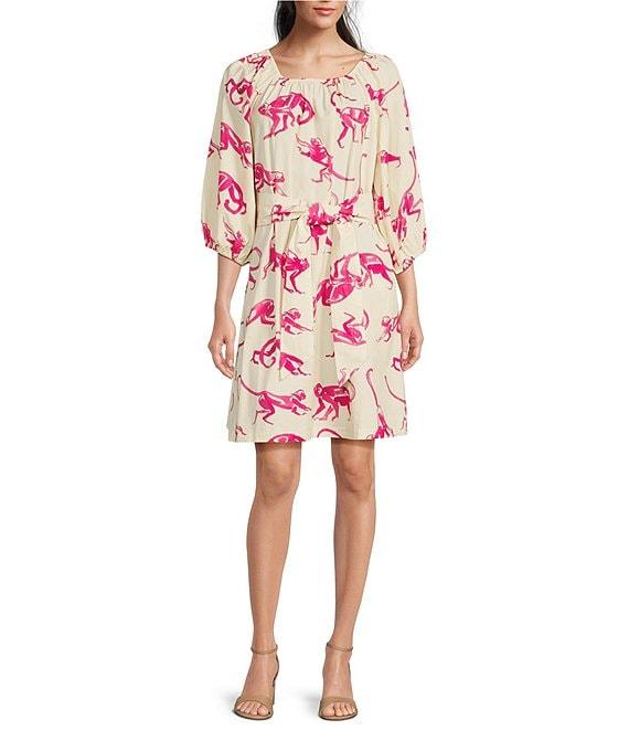 FRANCES VALENTINE Bliss Cotton Poplin Monkey Print Scoop Neck 3/4 Puff Sleeve Dress Product Image