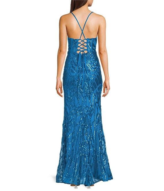 B. Darlin V-Neck Inset Spaghetti Strap Lace Up Back Dress Product Image