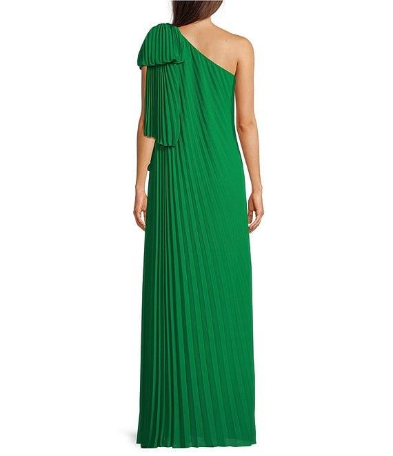 Belle by Badgley Mischka Anna One Shoulder Bow Pleated Dress Product Image