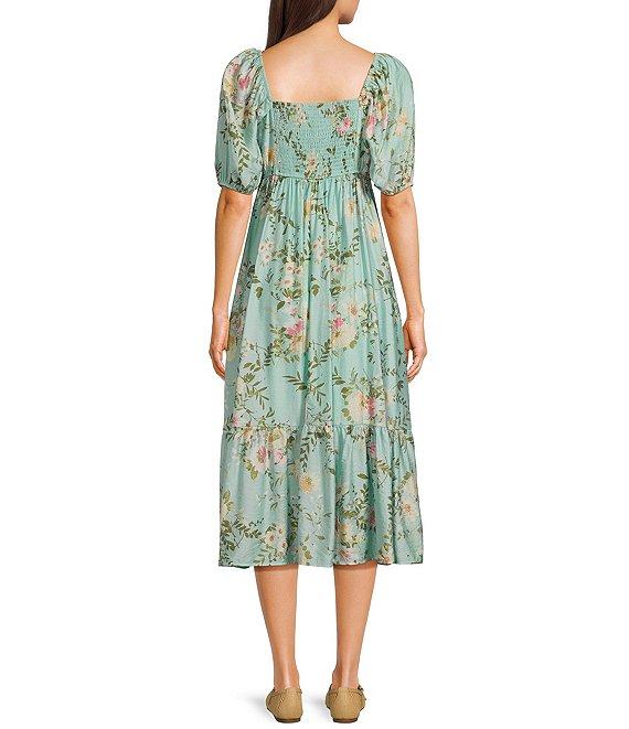 Blu Pepper Floral Print Square Neck Short Sleeve Midi Dress Product Image