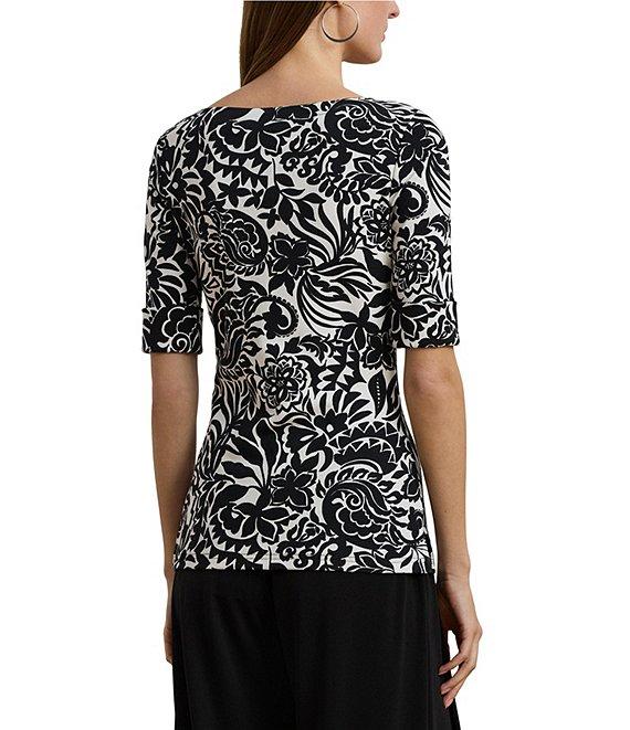 Lauren Ralph Lauren Petite Size Embroidered Floral Boat Neck Elbow Sleeve Tee Product Image