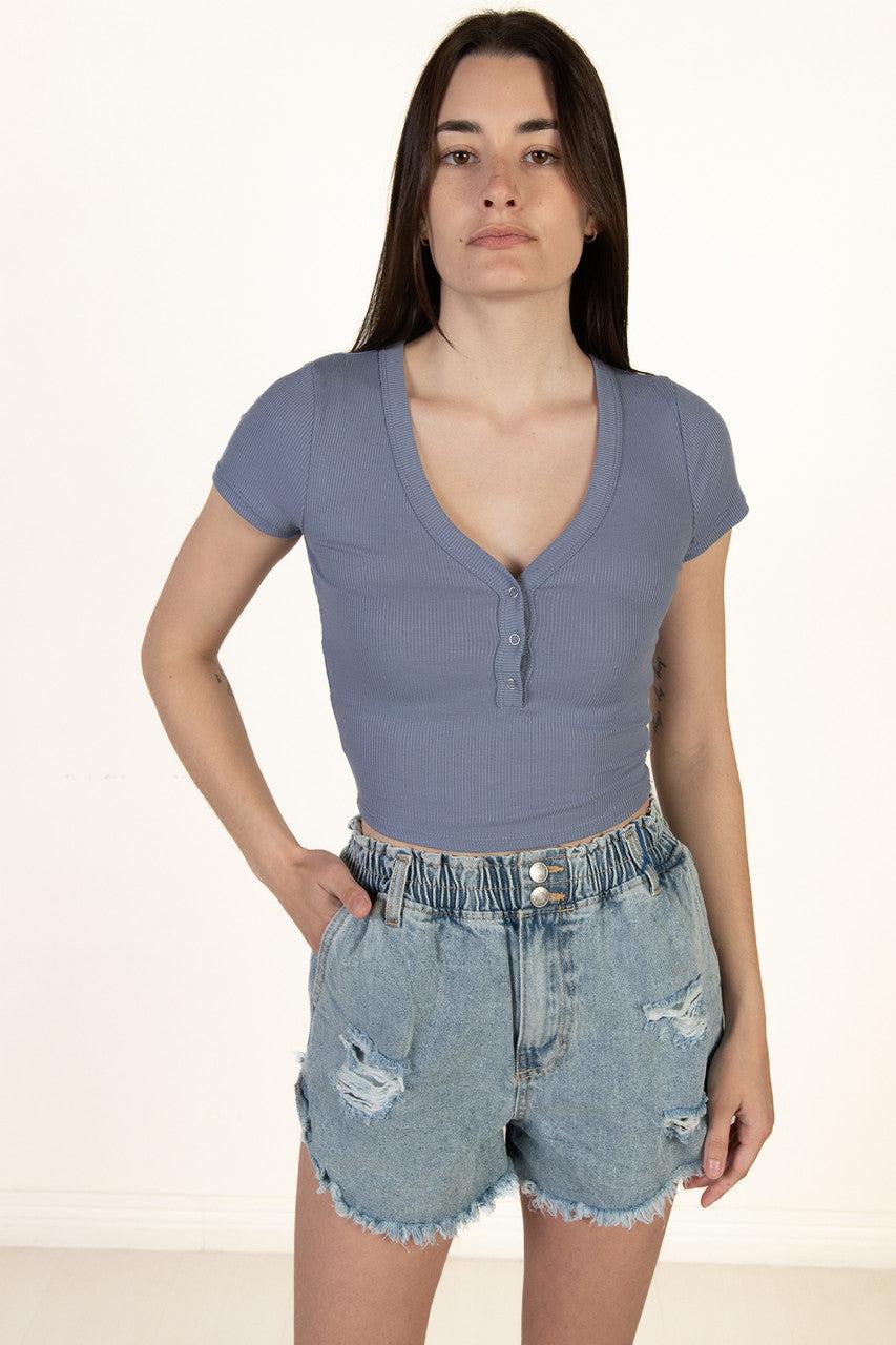 Blue Deep V Ribbed Snap Product Image