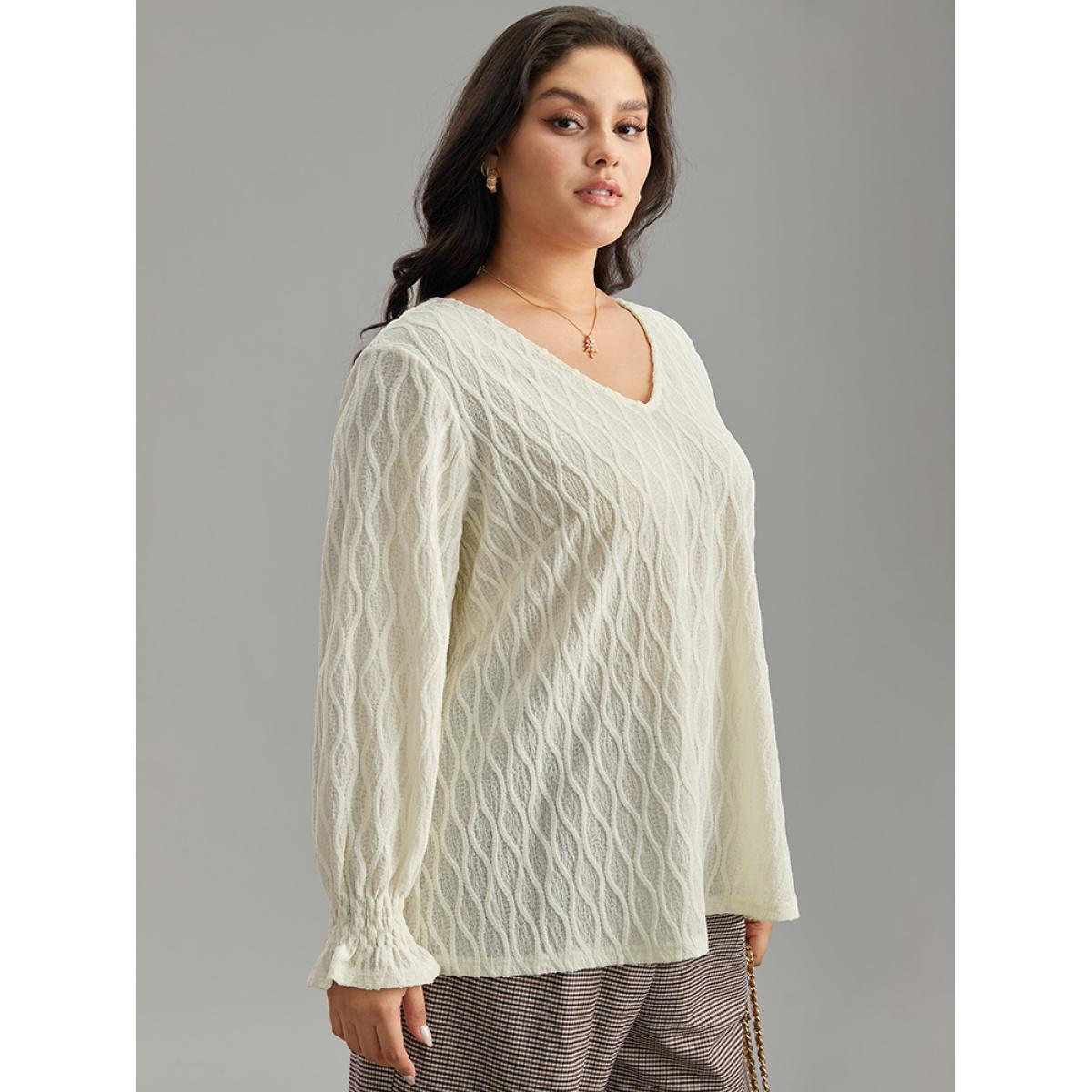 Plus Size Beige V Neck Solid Textured Shirred Blouse Women Office Long Sleeve V-neck Office Blouses BloomChic 30/6X Product Image