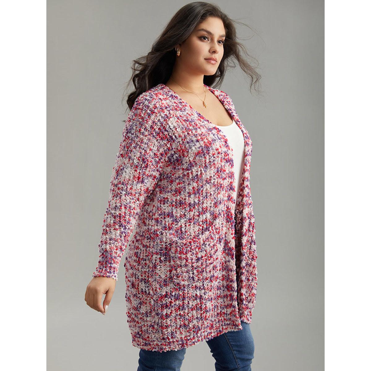 Plus Size Contrast Fuzzy Open Front Patched Pocket Cardigan Multicolor Women Casual Loose Long Sleeve Everyday Cardigans BloomChic 28/5X Product Image