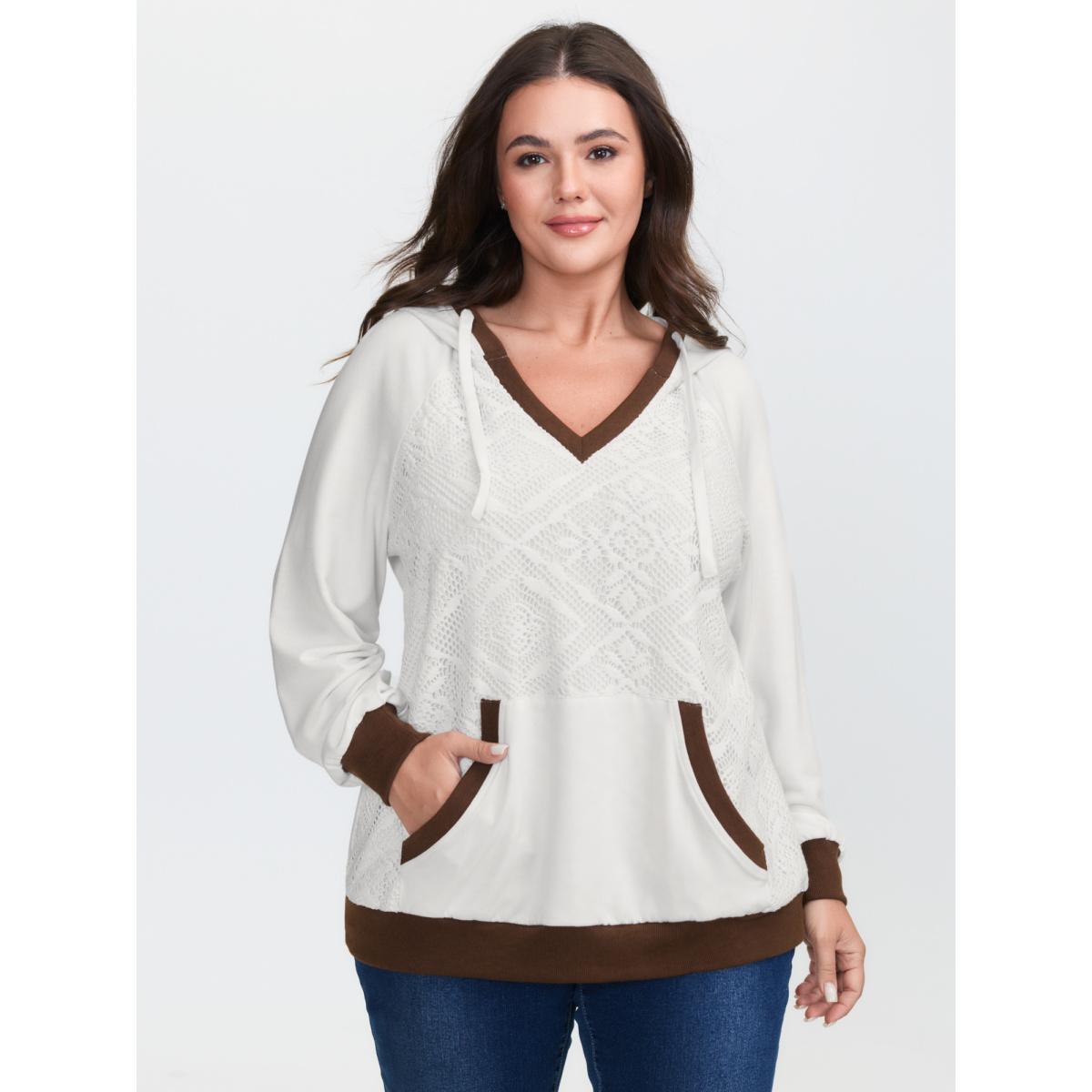 Plus Size Supersoft Lace Trim Colorblock Hoodie Women Ivory Leisure Contrast Hooded Casual Sweatshirts BloomChic 26/4X Product Image