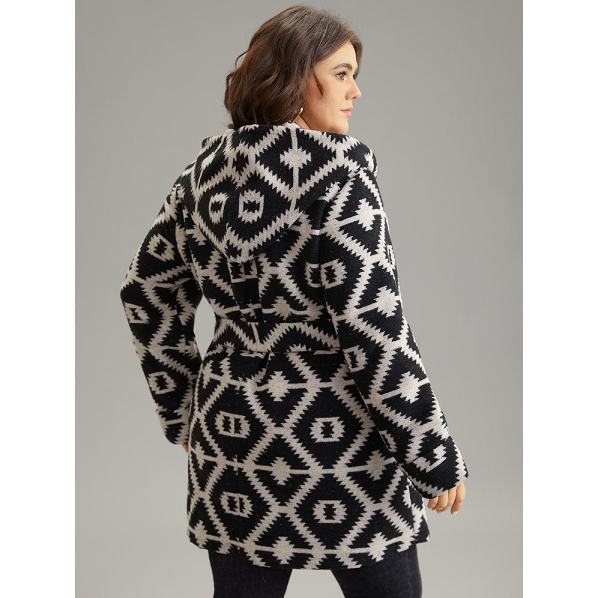 Plus Size Geometric Lapel Collar Pocket Belted Coat Women DarkGray Casual Belted Ladies Dailywear Winter Coats BloomChic 30/6X Product Image