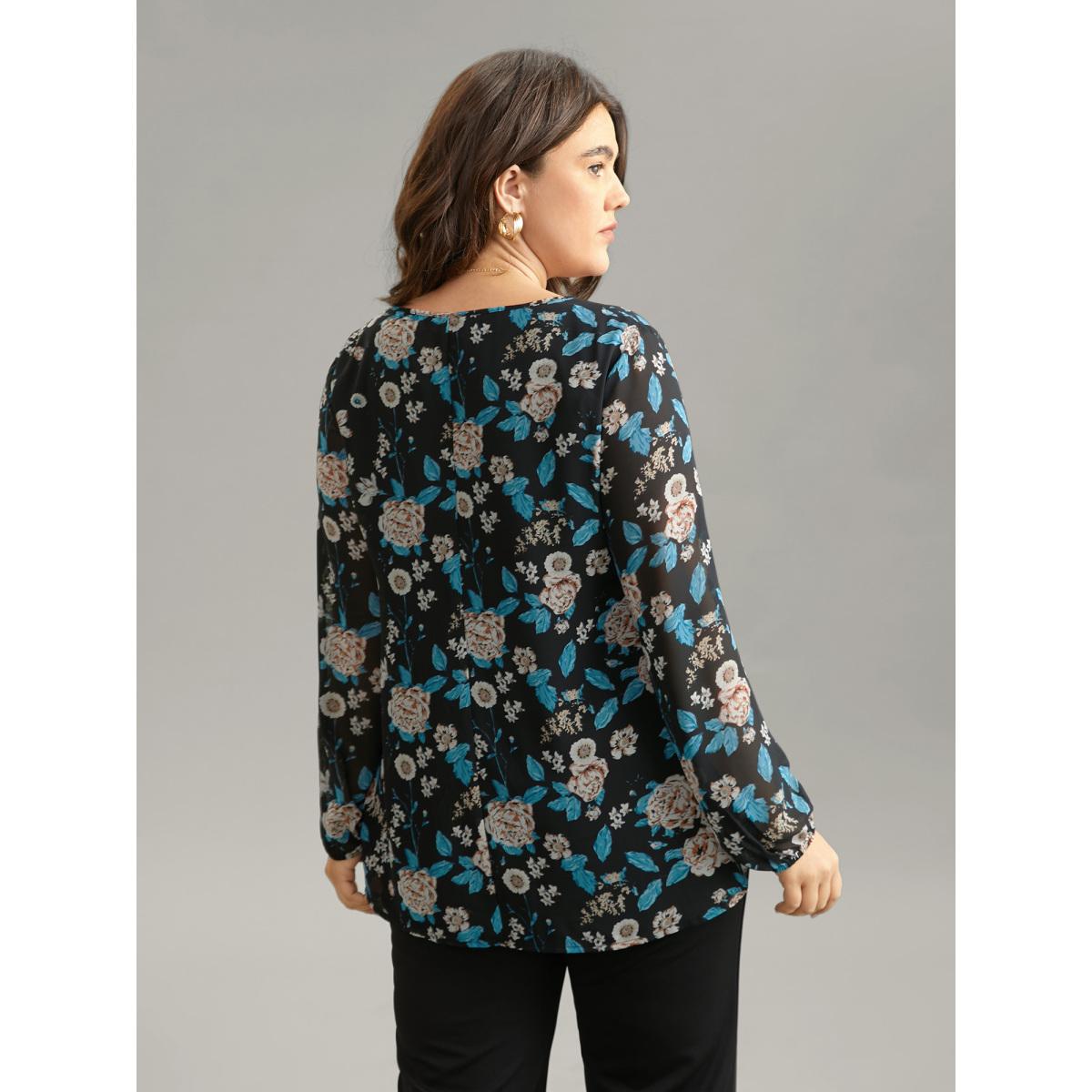 Plus Size BlackFlower Chiffon Floral Print Ties Flutter Trim Blouse Women Elegant Long Sleeve Tie Neck Work Blouses BloomChic 30/6X Product Image