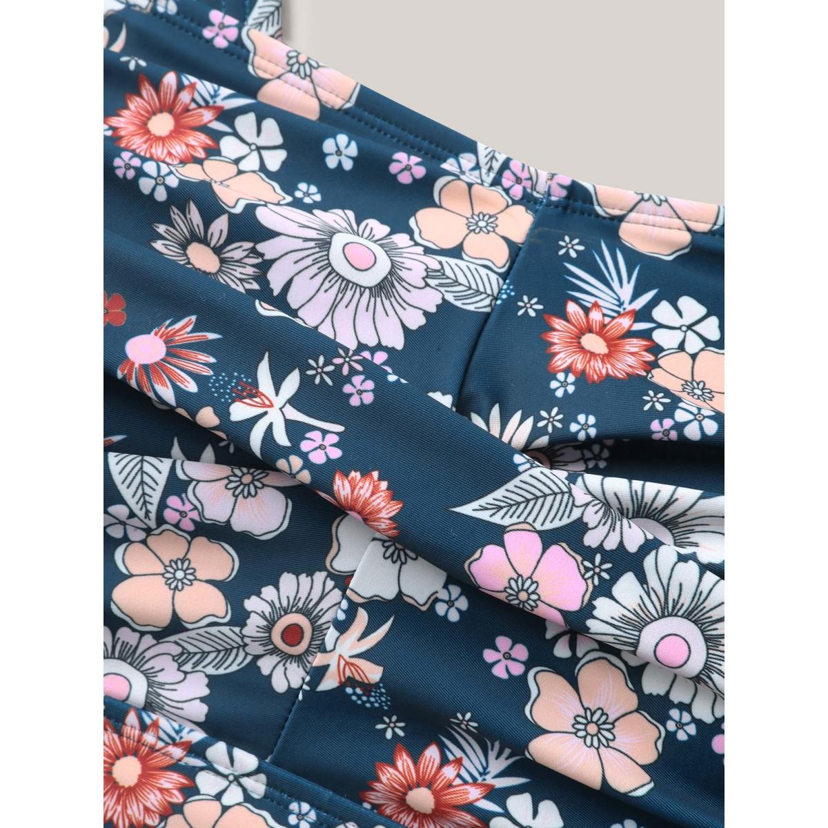 Plus Size Twist Front Floral Print Swim Dress Women's Swimwear Cyan Resort Bodycon Heart neckline High stretch Curve Swim Dresses BloomChic 28/5X Product Image