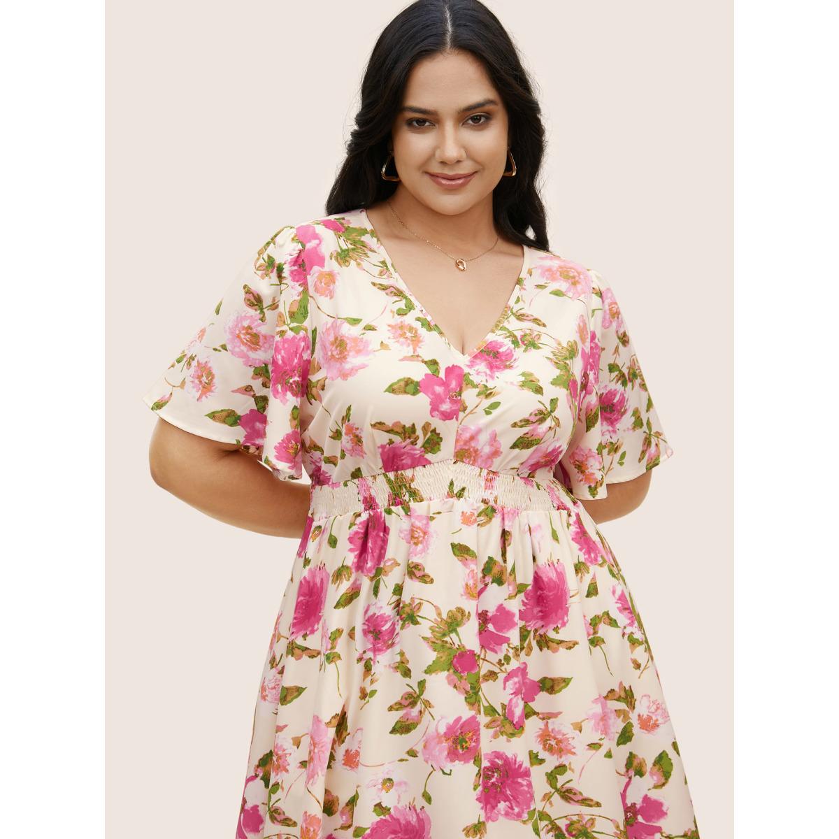 Plus Size V Neck Floral Shirred Flutter Sleeve Dress Ivory Women Elegant Shirred V-neck Short sleeve Curvy BloomChic 10/M Product Image